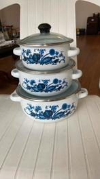 Emaile pannetjes blauw/wit set van 3, Ophalen of Verzenden, Overige materialen