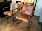 Eetkamerstoelen 4x Industriële, leer/staal comfortabel, Ophalen, Bruin, Leer, Zo goed als nieuw