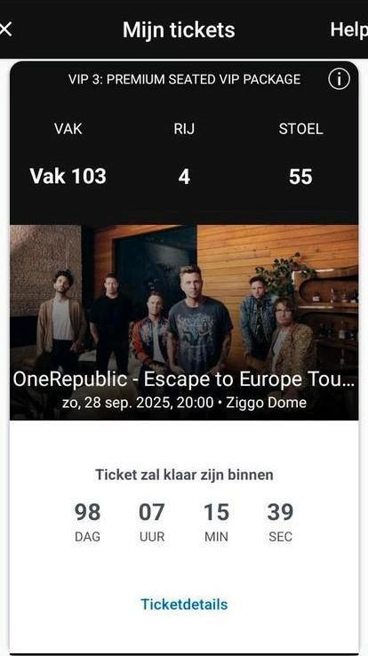 VIP Tickets Onerepublic zitplaatsen, Tickets en Kaartjes, Concerten | Pop, Twee personen, September