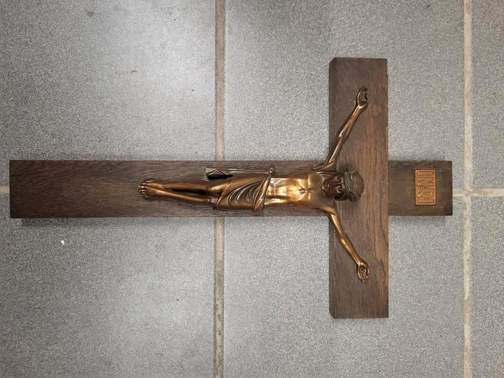 Antiek Houten Kruisbeeld met Bronzen Christus, Antiek en Kunst, Antiek | Religie, Ophalen of Verzenden