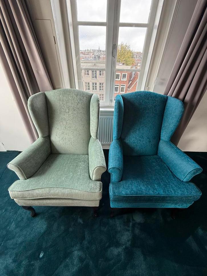 Super mooie fauteuils, sage & petrol kleur, Huis en Inrichting, Fauteuils, Zo goed als nieuw, Hout, Stof, 50 tot 75 cm, Minder dan 75 cm