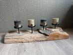 Design houten blok met 4 kandelaars, Ophalen, Zo goed als nieuw, Hout, 50 tot 75 cm