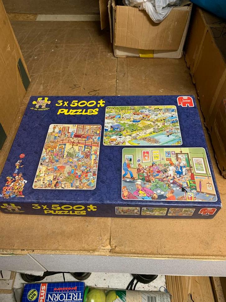 Jan van Haasteren puzzels, 2 dozen van 3 sts in 1 doos., Hobby en Vrije tijd, Denksport en Puzzels, Gebruikt, Legpuzzel, 500 t/m 1500 stukjes