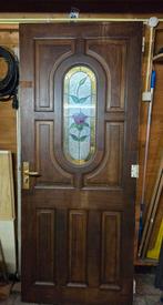 Zware hardhouten voordeur met glas in lood, Doe-het-zelf en Verbouw, Deuren en Horren, Ophalen, Gebruikt, 200 tot 215 cm, Glas