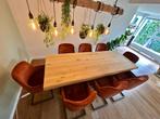 Bartafel Industriël met  eiken blad met 8 barstoelen, Ophalen of Verzenden, Zo goed als nieuw, 6 tot 8 stoelen