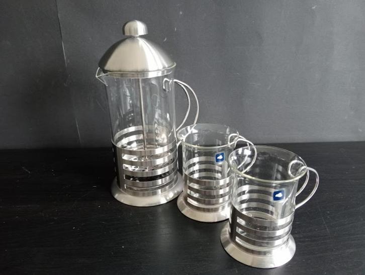 Cafe/theetière met metalen handvat en 2 koffie/thee glazen, Huis en Inrichting, Keuken | Keukenbenodigdheden, Nieuw, Ophalen of Verzenden