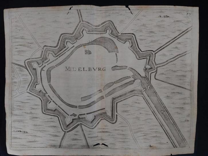 Stadsplattegrond van Middelburg gravure uit 17e eeuw, Antiek en Kunst, Kunst | Etsen en Gravures, Ophalen of Verzenden