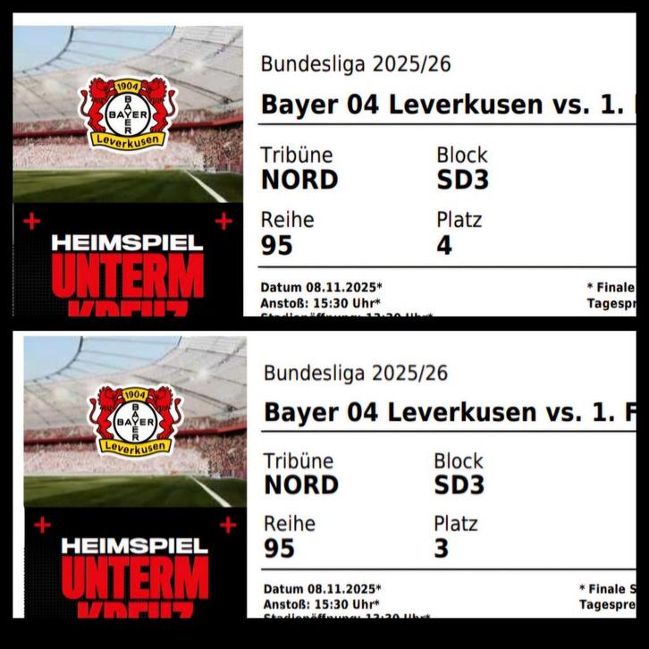 2 voetbaltickets Bayer 04 Leverkusen | Datum: 08/11/25, Tickets en Kaartjes, Sport | Voetbal, Twee personen, November, Losse kaart