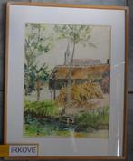 AQUAREL BOERENSCHUUR EN KERK * In Lijst *, Antiek en Kunst, Ophalen of Verzenden