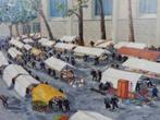 schilderij op doek, markt bij kerk, allerlei taferelen., Ophalen