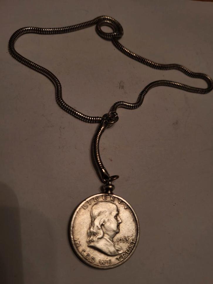 Franklin halve zilver dollar munt hanger uniek!!, Sieraden, Tassen en Uiterlijk, Kettingen, Zilver, Zilver, Met hanger, Ophalen of Verzenden