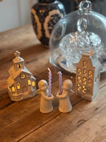 Waxinelichthouders wit goud kerk/grachtenpand/engel,vintage beschikbaar voor biedingen