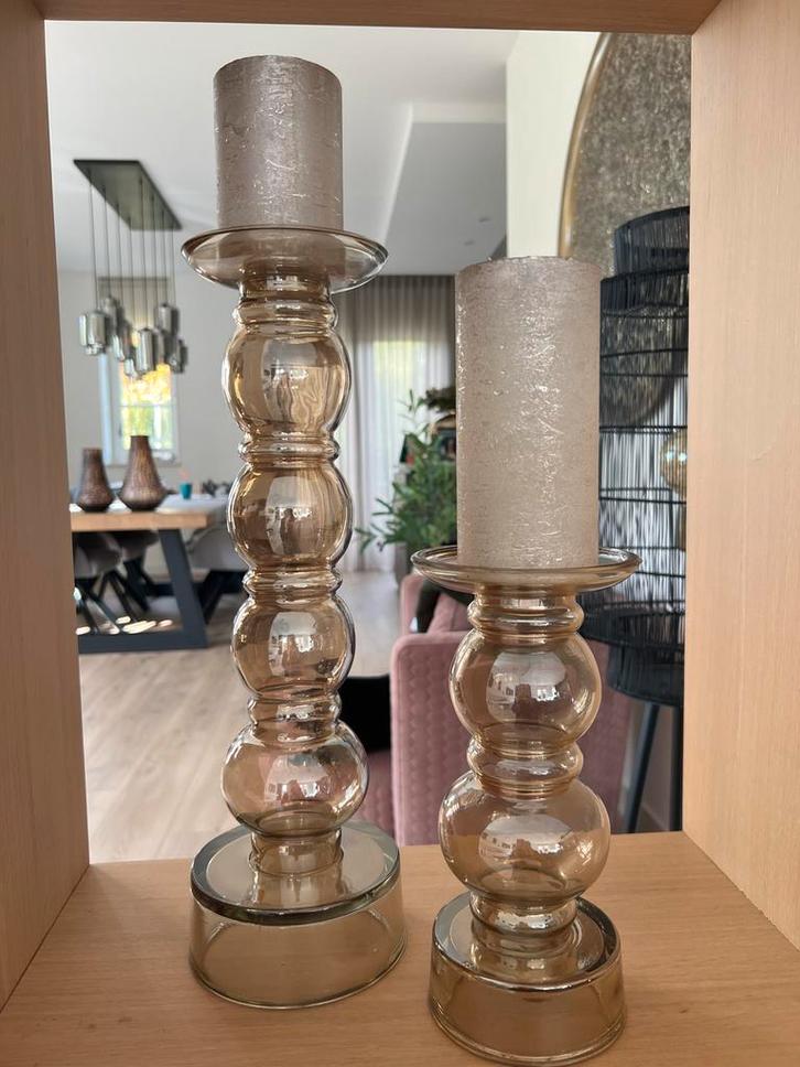 Glazen Kandelaars Beige Crème - Incl. Kaarsen, Huis en Inrichting, Woonaccessoires | Kandelaars en Kaarsen, Zo goed als nieuw