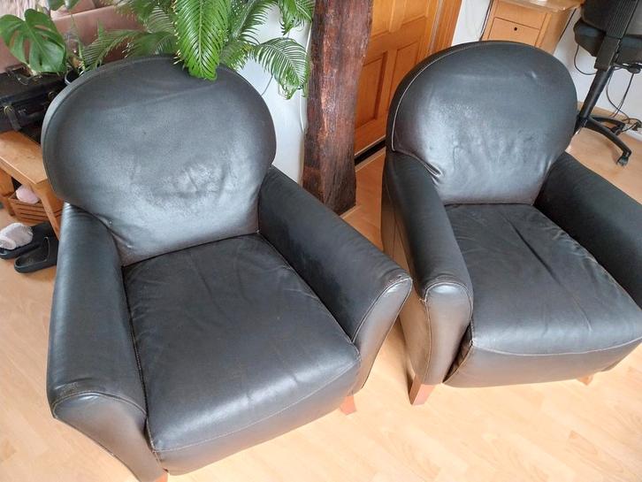 Zwarte leren stoelen - stevig en comfortabel, Huis en Inrichting, Fauteuils, Gebruikt, Leer, 50 tot 75 cm, 75 tot 100 cm, Ophalen
