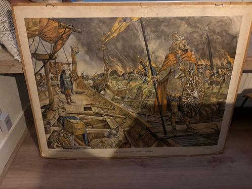 Antieke schoolplaat “De Noormannen voor Dorestad, Antiek en Kunst, Antiek | Schoolplaten, Geschiedenis, Ophalen of Verzenden