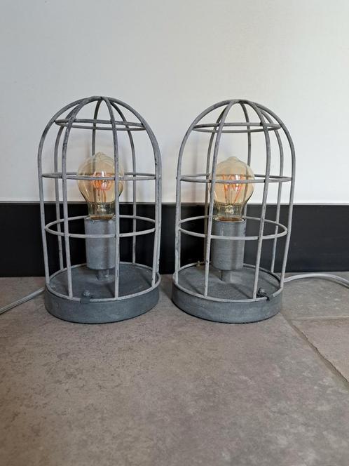 2 Grijze Industriele Nachtlampjes, Huis en Inrichting, Lampen | Tafellampen, Gebruikt, Minder dan 50 cm, Metaal, Ophalen of Verzenden
