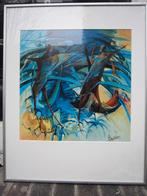 Mooie Gekl. Prent Spreeuwen in een Boom gebrok. Glas, Gebruikt, 1980 tot heden, Ophalen of Verzenden, Prent