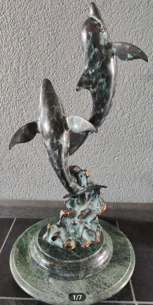 Sculptuur bronzen beeld twee dolfijnen, Antiek en Kunst, Ophalen