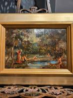 Schilderij H.W. Gipser "badene figuren in de bosvijver", Antiek en Kunst, Kunst | Schilderijen | Klassiek, Ophalen of Verzenden