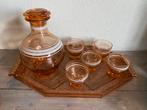 Artdeco roze likeurset met karaf glaasjes persglas schaal, Ophalen of Verzenden