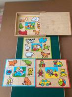 Kistje met 4 houten puzzels van 6 stukjes en 1 middenstuk., Ophalen of Verzenden, Zo goed als nieuw