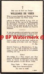 Vries de Willemke 1874 Nijega 1943 Blauwhuis x de Jong x Jor, Bidprentje, Ophalen of Verzenden