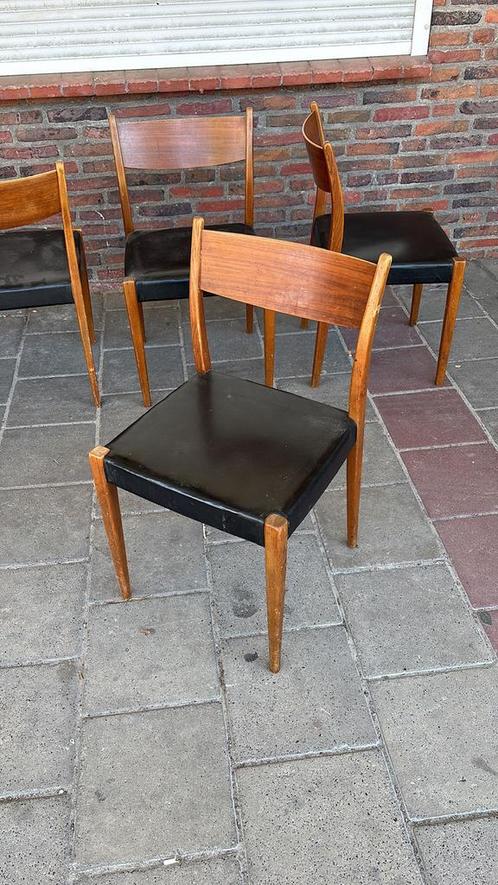 Vintage eetkamerstoelen teak, Huis en Inrichting, Stoelen, Gebruikt, Vier, Zwart, Ophalen