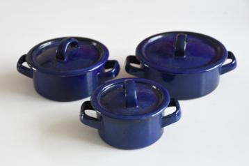 3 Brocante emaille pannetjes blauw speelgoed beschikbaar voor biedingen