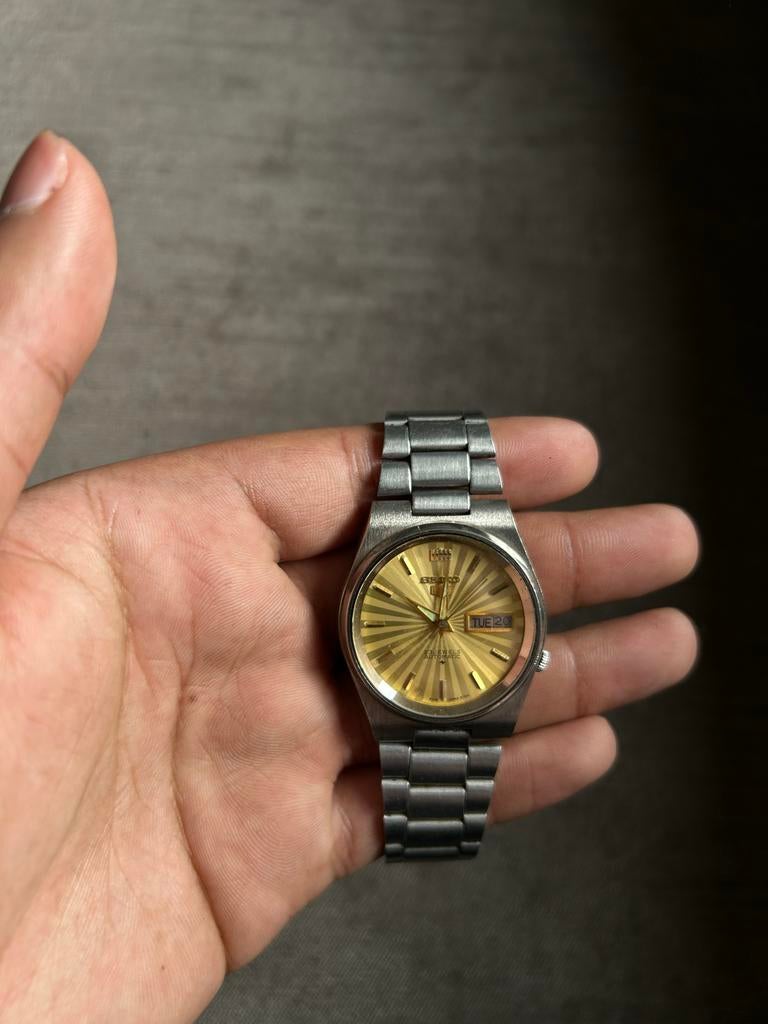Seiko 5 Automatic Vintage Goud Sunburst Wijzerplaat 1982, Seiko, Gebruikt, Staal, Polshorloge