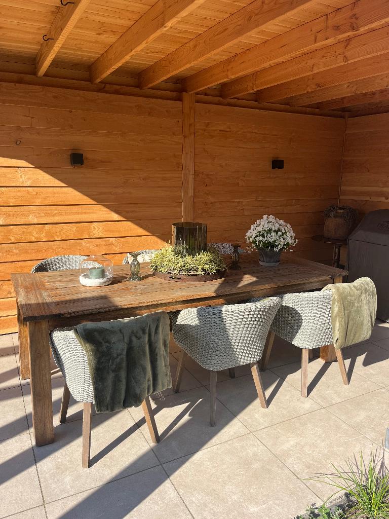 tuinset met 6 stoelen incl kussens, Tuin en Terras, Tuinsets en Loungesets, Ophalen, Gebruikt, 6 zitplaatsen, Teakhout