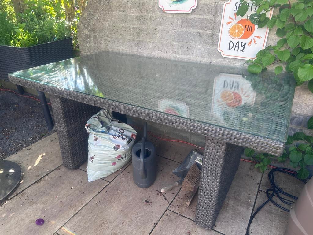 Tuintafel met glasplaat - 140x80x65 cm, Ophalen of Verzenden, Gebruikt, Rechthoekig, Wicker