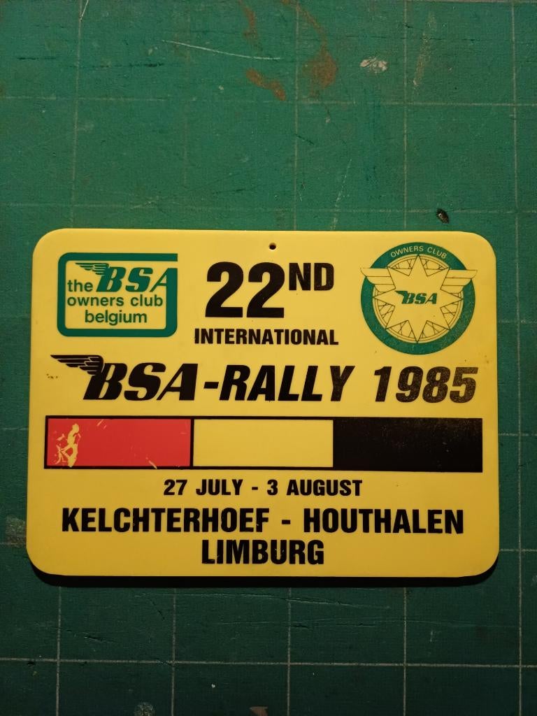 Mooi vintage bord BSA Rally 1985, Ophalen of Verzenden, Gebruikt, Reclamebord