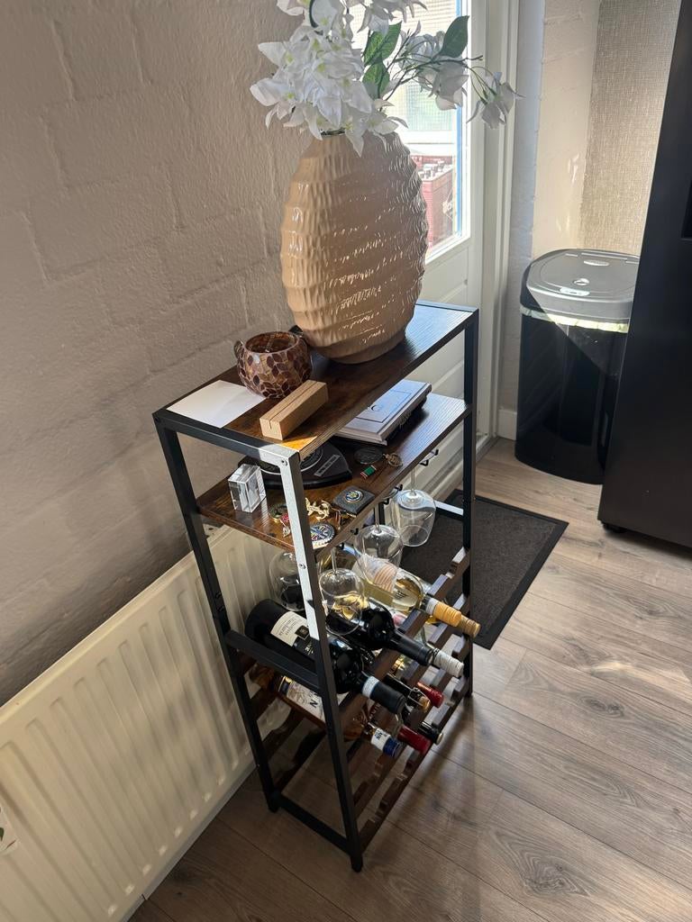 Houten wijnrek met plek voor glazen, Gebruikt, 5 tot 15 flessen, Ophalen of Verzenden, 75 cm of meer