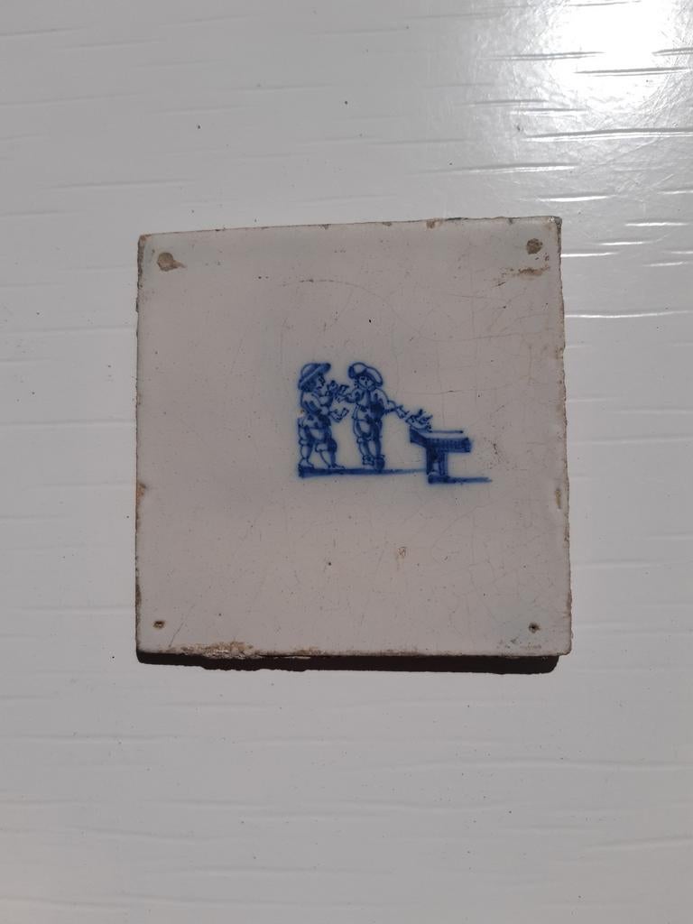 Antieke Delfts Blauwe Tegel met Kinderen, Ophalen of Verzenden