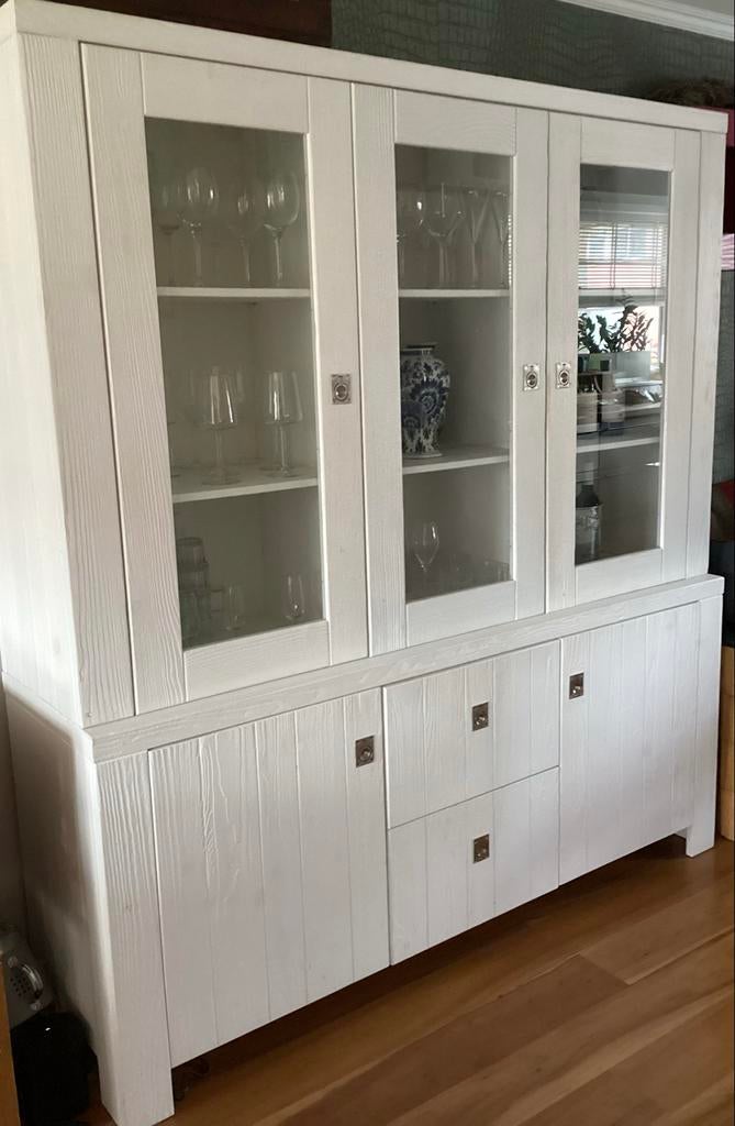 Witte massief houten vitrinekast met lades en deuren, Ophalen, Gebruikt, 200 cm of meer, 150 tot 200 cm