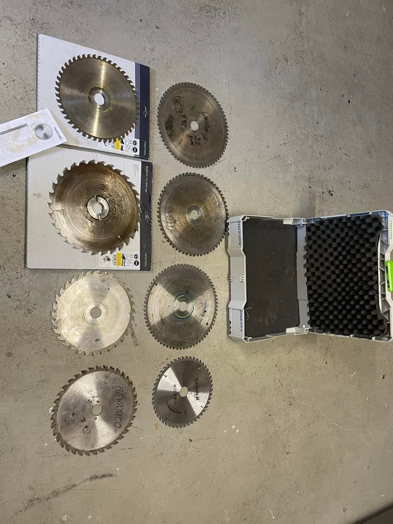 8 cirkelzaagbladen (Festool, Revamco, Ecotools) in systainer, Ophalen of Verzenden, Gebruikt, Cirkelzaag