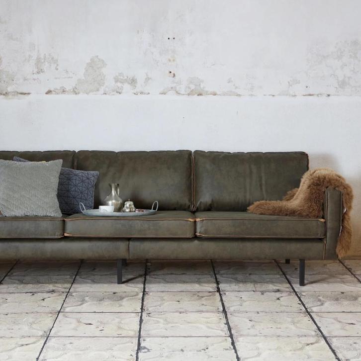 Be Pure Home Rodeo 3-zits bank + Hocker in Army ecoleather, Huis en Inrichting, Banken | Bankstellen, Gebruikt, Rechte bank, Vierpersoons of meer