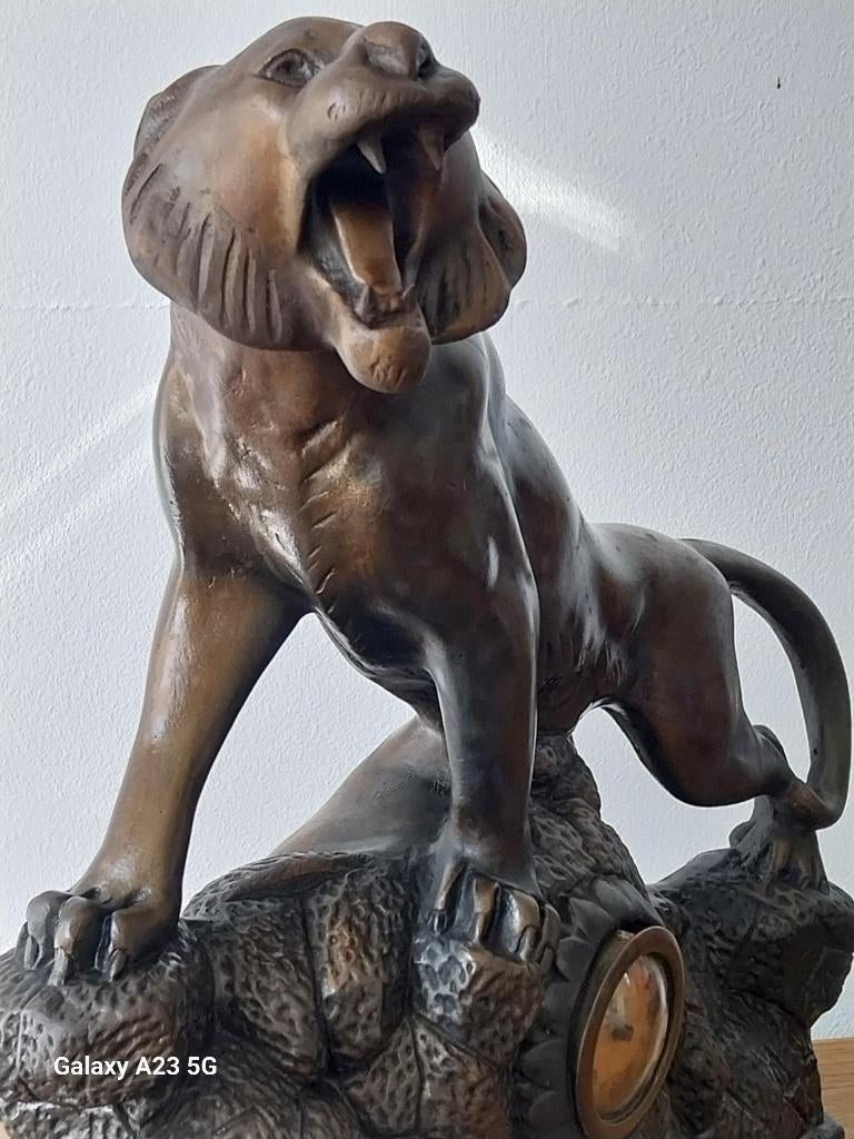 Art Deco tijger beeld met klok ca 1930 panter schouwklok, Ophalen of Verzenden