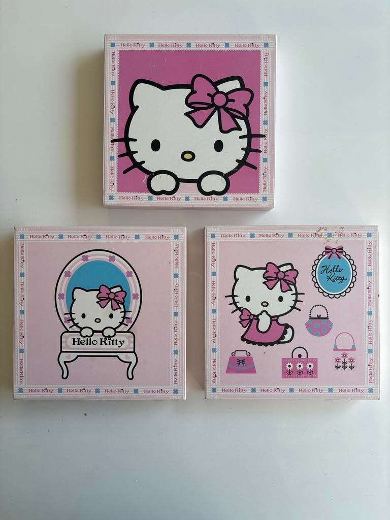 3 Kinder meisjes schilderijtjes "Hello Little Kitty", Ophalen of Verzenden, Gebruikt, Schilderij, Minder dan 50 cm