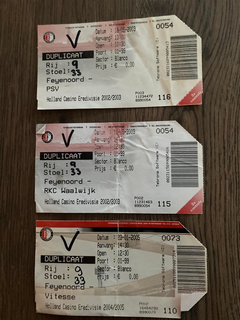 3 OUDERE FEYENOORD THUIS TICKETS, Ophalen of Verzenden, Gebruikt, Feyenoord, Overige typen