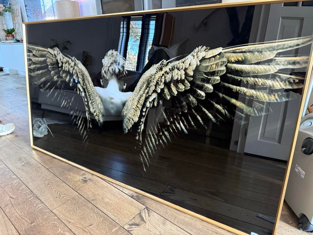 Groot schilderij met engelen vleugels en gouden lijst, Ophalen