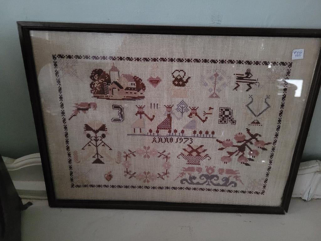 vintage ingelijste merklap uit 1973 hand gemaakt, Ophalen of Verzenden