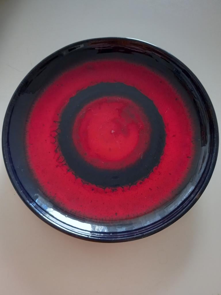Origineel Retro Bord Rood/Donkerblauw - Ø 29cm, Gebruikt, Porselein of Keramiek, Schaal, Rond