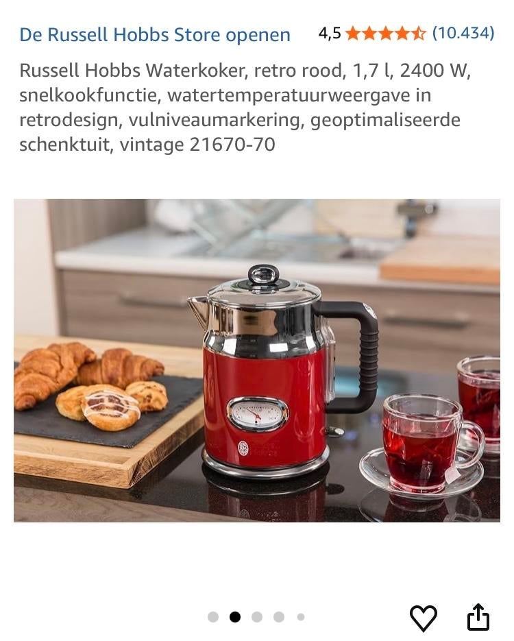 Russell Hobbs Retro Waterkoker Rood - 1.7L, 2400W, Witgoed en Apparatuur, Waterkokers, Nieuw, 1 tot 2 liter, Ophalen