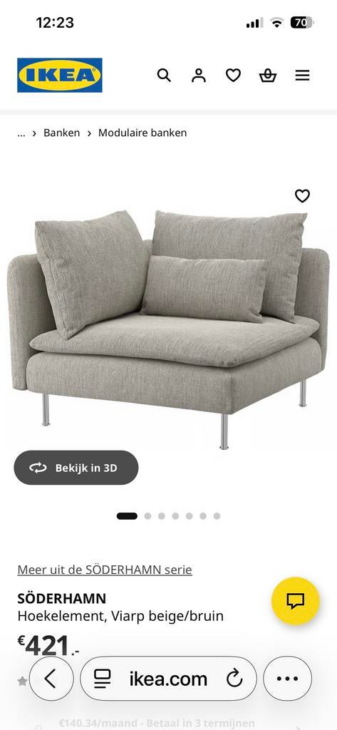 Zo goed als nieuwe IKEA Söderhamn hoekbank/element, Ophalen, 150 tot 200 cm, Tweepersoons, 75 tot 100 cm
