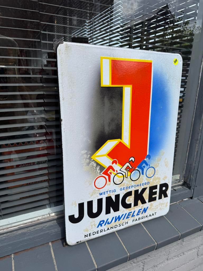 Vintage Juncker Rijwielen Emaille Reclamebord, Reclamebord, Gebruikt, ., Ophalen of Verzenden