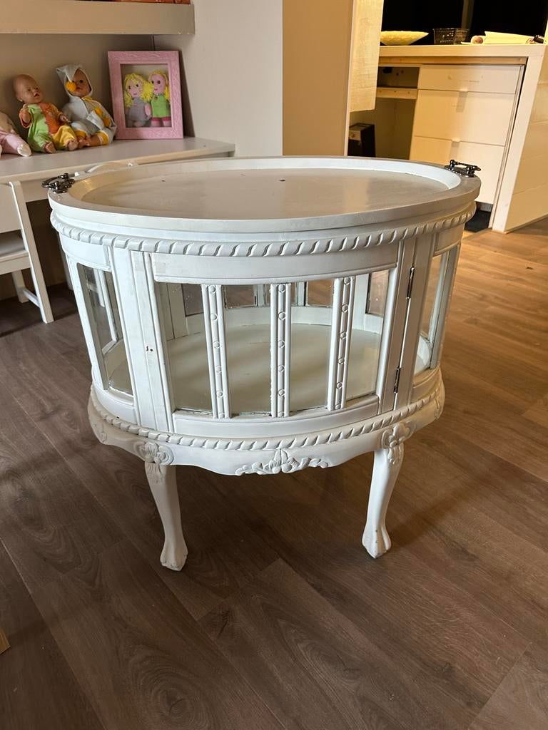 Wit theekastje met glazen panelen, Gebruikt, 55 tot 75 cm, Ovaal, Brocante