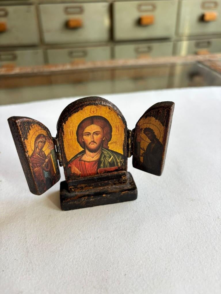 Orthodox Religieus Drieluik met Christus Pantocrator, Antiek en Kunst, Antiek | Religie, Ophalen of Verzenden