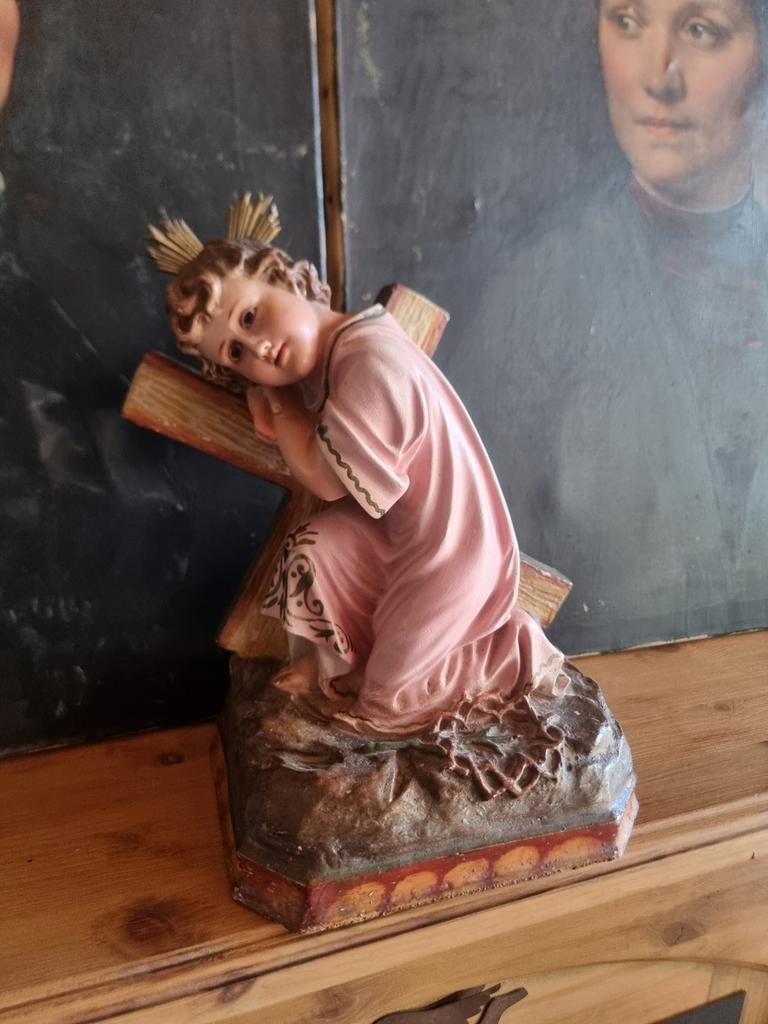 Oud heilig beeld kindje jezus met kruis * schapenweide *, Antiek en Kunst, Ophalen