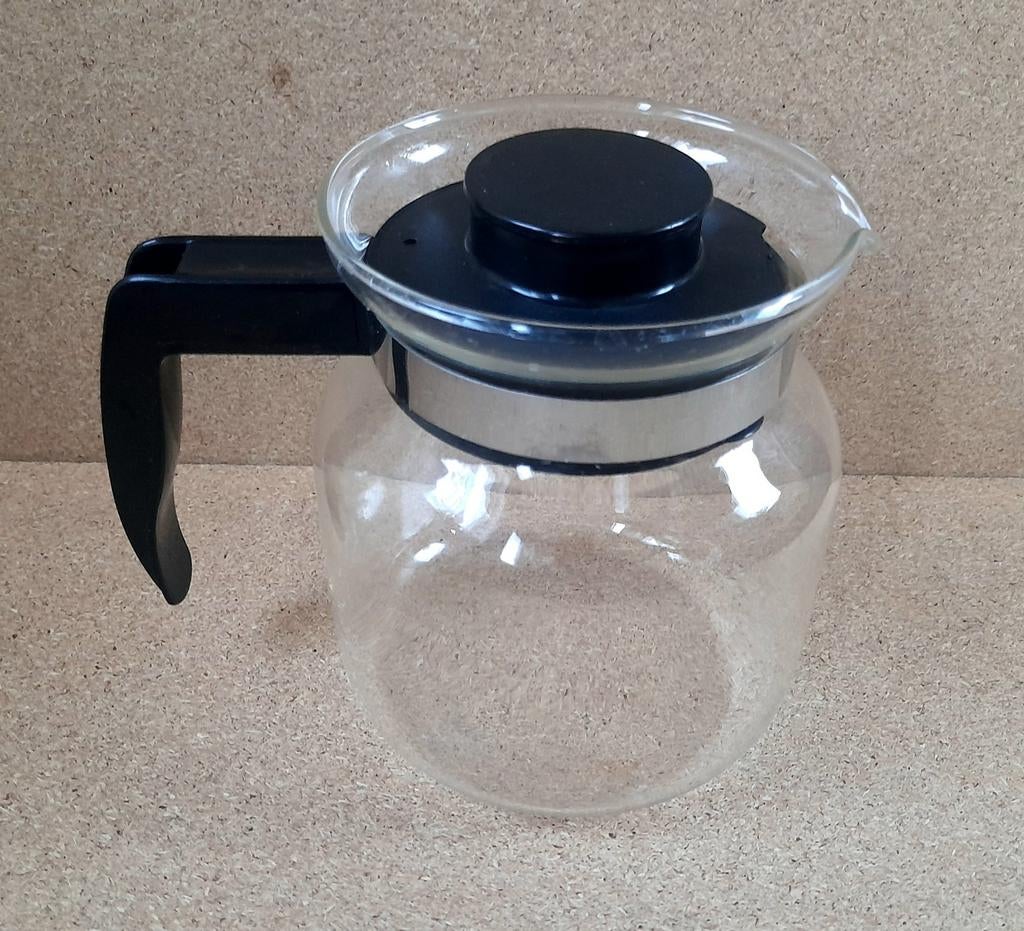 Glazen theepot/koffiekan met zwart handvat en deksel, Theepot/fluitketel, Glas, Ophalen of Verzenden, Zo goed als nieuw